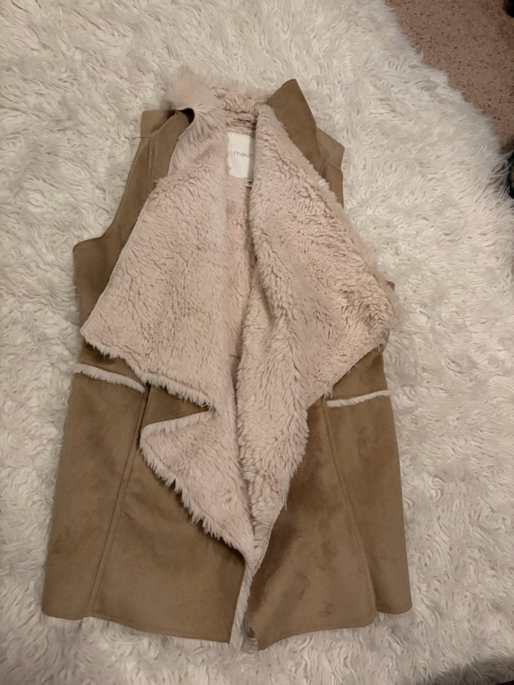 Maurices Taupe Faux-Suede Vest with Cream Faux-Shearling Lining